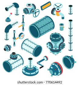 Industrial Steampunk Spare Parts For Assembling Apparatus, Machine - Pipe, Flange, Fitting, Body, Valve, Splitter, Lever, Handle And So On. 3d Isometric Vector Illustration.