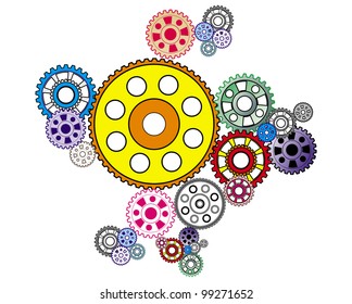 industrial still life - arrangement of colorful gears, isolated on white