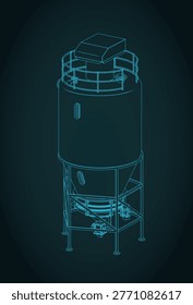 Industrial storage silo with conical bottom isometric blueprint stylized vector illustration
