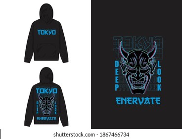 Industrial Streetwear Hoodie, Deep Look Enervate, Illustration of Japanese Devil