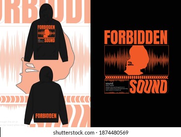 Industrial Streetwear Hoodie, Forbidden Sound, Illustration of Soundwave with Old Gramophone