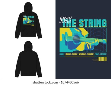Industrial Streetwear Hoodie, Pick The String, Illustration of Abstract Guitar