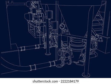 Válvulas y tuberías de equipo de refinería de estructura industrial 3d línea de ilustración eps10 blueprint