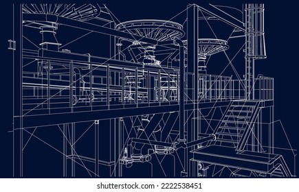 Válvulas de refinería y tuberías de estructura industrial Ilustración 3d Pos10 Plano vectorial