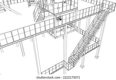 Industrial structure and stairs equipment refinery valves and other pipelines 3d illustration perspective vector