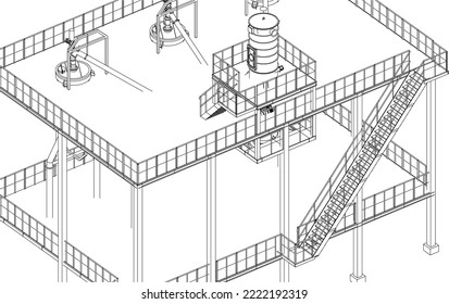 Industrial structure and stairs refinery equipment valves and pipelines 3d illustration isometric zoomed vector