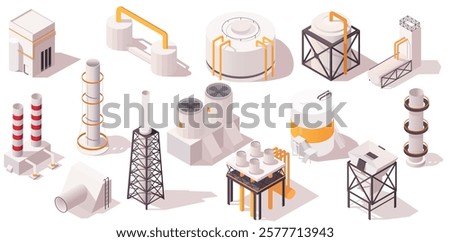 Industrial structures set in isometric style on white background. Vector illustration