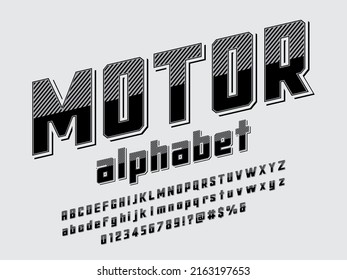 Industrial style alphabet design with uppercase, lowercase,numbers and symbols