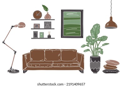 Industrial style interior. Flat living apartment with brown sofa, lamp, pot, home plants, pillows, frames. 
