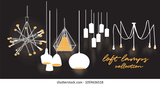 Kollektion von Lampen im industriellen Stil. Vektorillustration. Webbanner. Logo-Werbung im Online-Shop. Innenausstattung. Loft-Stil. Designerdekor