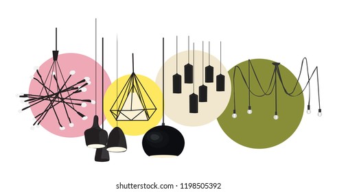 industrial style lamps collection. vector illustration. web site banner. online shop logo advert. interior design. loft style. designer decor