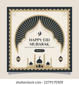 Industrial Styled Happy Eid Mubarak. Square Ramadan 1444H Postcard Vector Graphic Design Template.