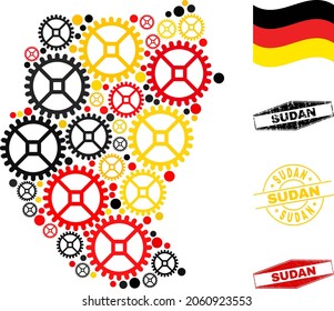 Industrial Sudan map collage and seals. Vector collage is composed of industrial items in different sizes, and German flag official colors - red, yellow, black.