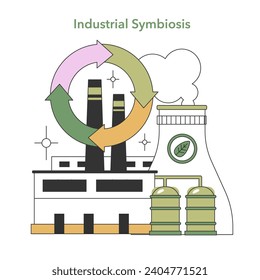 Concepto de simbiosis industrial. El símbolo de fábrica y reciclado representa un uso compartido eficiente de los recursos y la minimización de los desechos. Ilustración vectorial plana