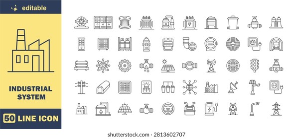 Industrial System Line Icon Set - Editable Stroke Outline Vector Icons for Factory, Energy, Utilities and Smart Industry