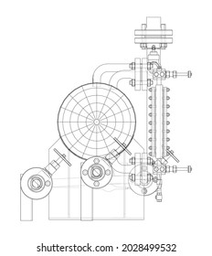 Industrial tank with valves. Vector rendering of 3d. Wire-frame style. The layers of visible and invisible lines are separated. Orthography