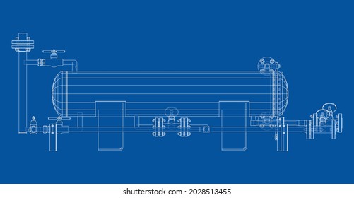 Industrietank mit Ventilen. Vektorgrafik von 3d. Wire-Frame-Stil. Die Schichten sichtbarer und unsichtbarer Linien sind getrennt. Orthographie
