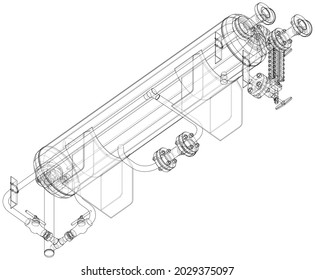 Industrial tank with valves. Vector rendering of 3d. Wire-frame style. The layers of visible and invisible lines are separated. Orthography