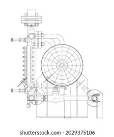 Industrial tank with valves. Vector rendering of 3d. Wire-frame style. The layers of visible and invisible lines are separated. Orthography