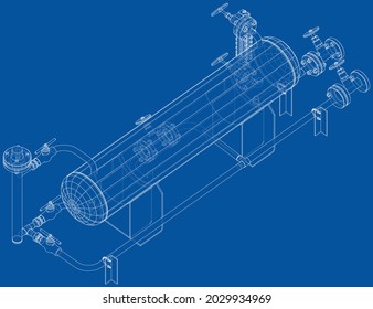Industrial tank with valves. Vector rendering of 3d. Wire-frame style. The layers of visible and invisible lines are separated. Orthography