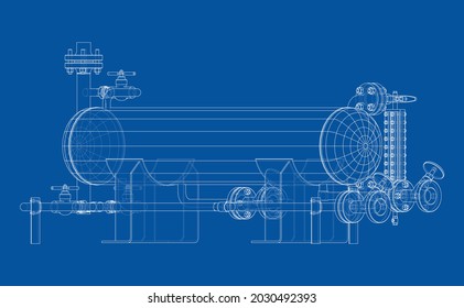 Industrietank mit Ventilen. Vektorgrafik von 3d. Wire-Frame-Stil. Die Schichten sichtbarer und unsichtbarer Linien sind getrennt. Orthographie