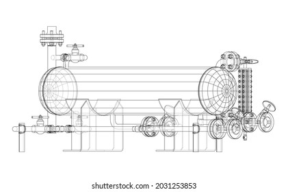 Industrial tank with valves. Vector rendering of 3d. Wire-frame style. The layers of visible and invisible lines are separated. Orthography