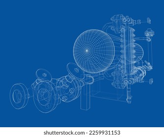 Industrietank mit Ventilen. Vektorgrafik von 3d. Wire-Frame-Stil. Die Schichten sichtbarer und unsichtbarer Linien sind getrennt. Orthographie