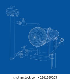 Depósito industrial con válvulas. Representación vectorial de 3d. Estilo de marco de cables. Las capas de líneas visibles e invisibles están separadas. Ortografía