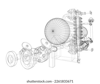 Industrial tank with valves. Vector rendering of 3d. Wire-frame style. The layers of visible and invisible lines are separated. Orthography