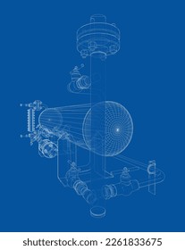 Industrietank mit Ventilen. Vektorgrafik von 3d. Wire-Frame-Stil. Die Schichten sichtbarer und unsichtbarer Linien sind getrennt. Orthographie