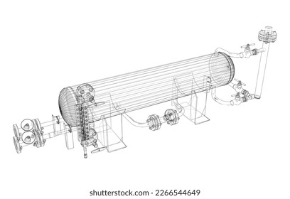 Industrial tank with valves. Vector rendering of 3d. Wire-frame style. The layers of visible and invisible lines are separated. Orthography