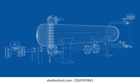 Industrial tank with valves. Vector rendering of 3d. Wire-frame style. The layers of visible and invisible lines are separated. Orthography