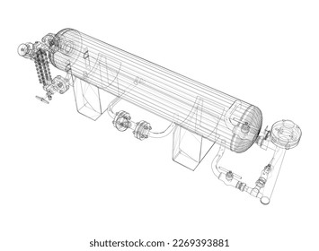 Industrial tank with valves. Vector rendering of 3d. Wire-frame style. The layers of visible and invisible lines are separated. Orthography