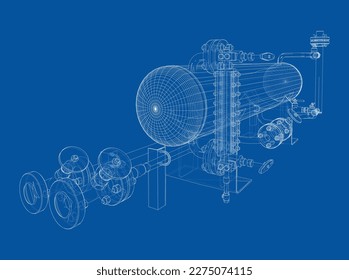 Industrietank mit Ventilen. Vektorgrafik von 3d. Wire-Frame-Stil. Die Schichten sichtbarer und unsichtbarer Linien sind getrennt. Orthographie