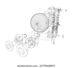 Industrial tank with valves. Vector rendering of 3d. Wire-frame style. The layers of visible and invisible lines are separated. Orthography