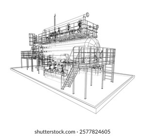 Tanque industrial com válvulas. Renderização vetorial de 3d. Estilo aramado