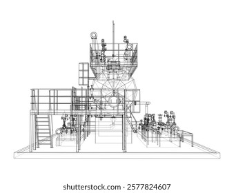 Tanque industrial com válvulas. Renderização vetorial de 3d. Estilo aramado