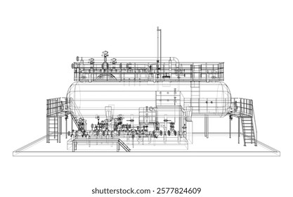 Tanque industrial com válvulas. Renderização vetorial de 3d. Estilo aramado