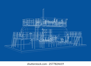 Tanque industrial com válvulas. Renderização vetorial de 3d. Estilo aramado