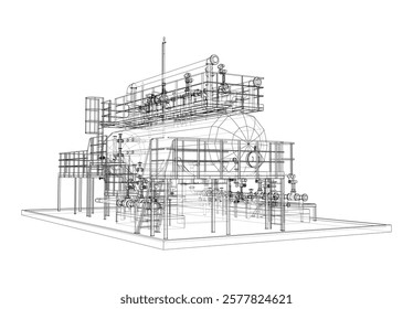 Tanque industrial com válvulas. Renderização vetorial de 3d. Estilo aramado