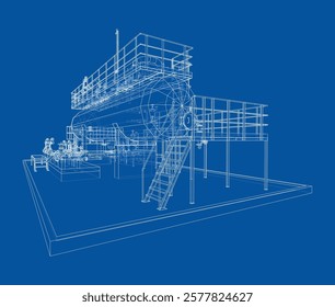 Tanque industrial com válvulas. Renderização vetorial de 3d. Estilo aramado