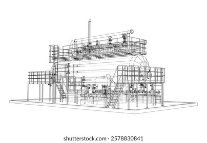 Tanque industrial com válvulas. Renderização vetorial de 3d. Estilo aramado