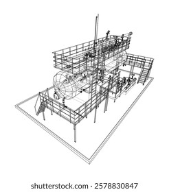 Tanque industrial com válvulas. Renderização vetorial de 3d. Estilo aramado