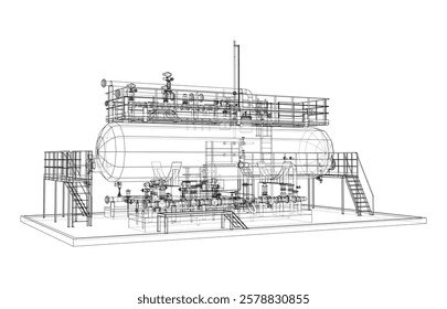 Tanque industrial com válvulas. Renderização vetorial de 3d. Estilo aramado