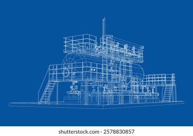 Tanque industrial com válvulas. Renderização vetorial de 3d. Estilo aramado