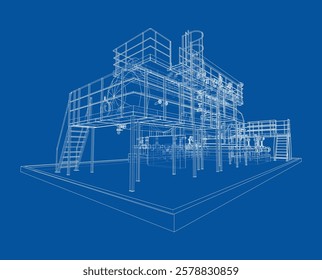 Tanque industrial com válvulas. Renderização vetorial de 3d. Estilo aramado