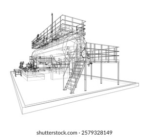 Tanque industrial com válvulas. Renderização vetorial de 3d. Estilo aramado