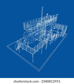Tanque industrial com válvulas. Renderização vetorial de 3d. Estilo aramado
