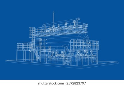 Tanque industrial com válvulas. Renderização vetorial de 3d. Estilo aramado. Ilustração 3D