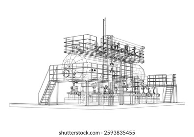 Tanque industrial com válvulas. Renderização vetorial de 3d. Estilo aramado. Ilustração 3D